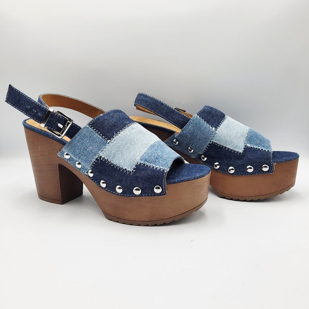 NWOT Sun & Stone Rayaell Studded Patchwork Denim Slingback Platform Sandals 6.5M - Picture 3 of 14